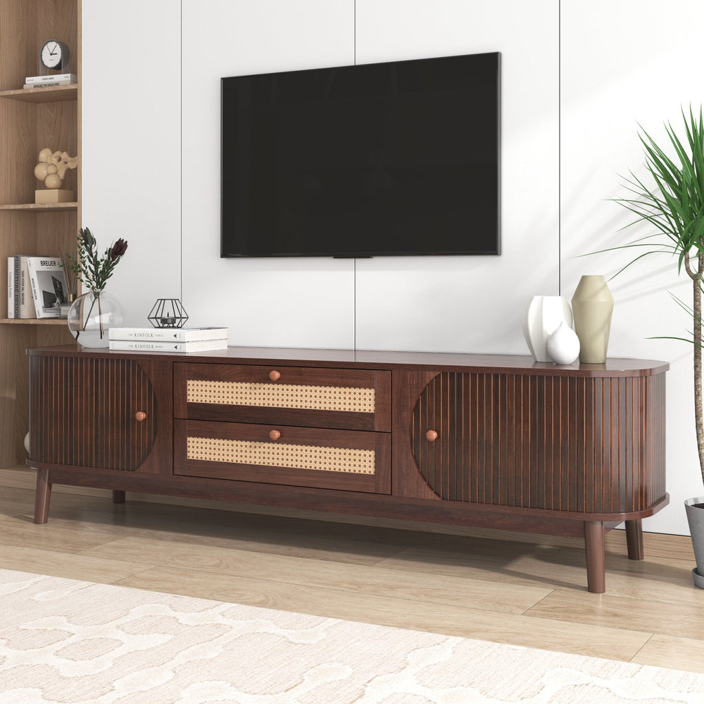 Modern Farmhouse Rattan TV Stand — for TVs Up to 75" (Natural Wood)