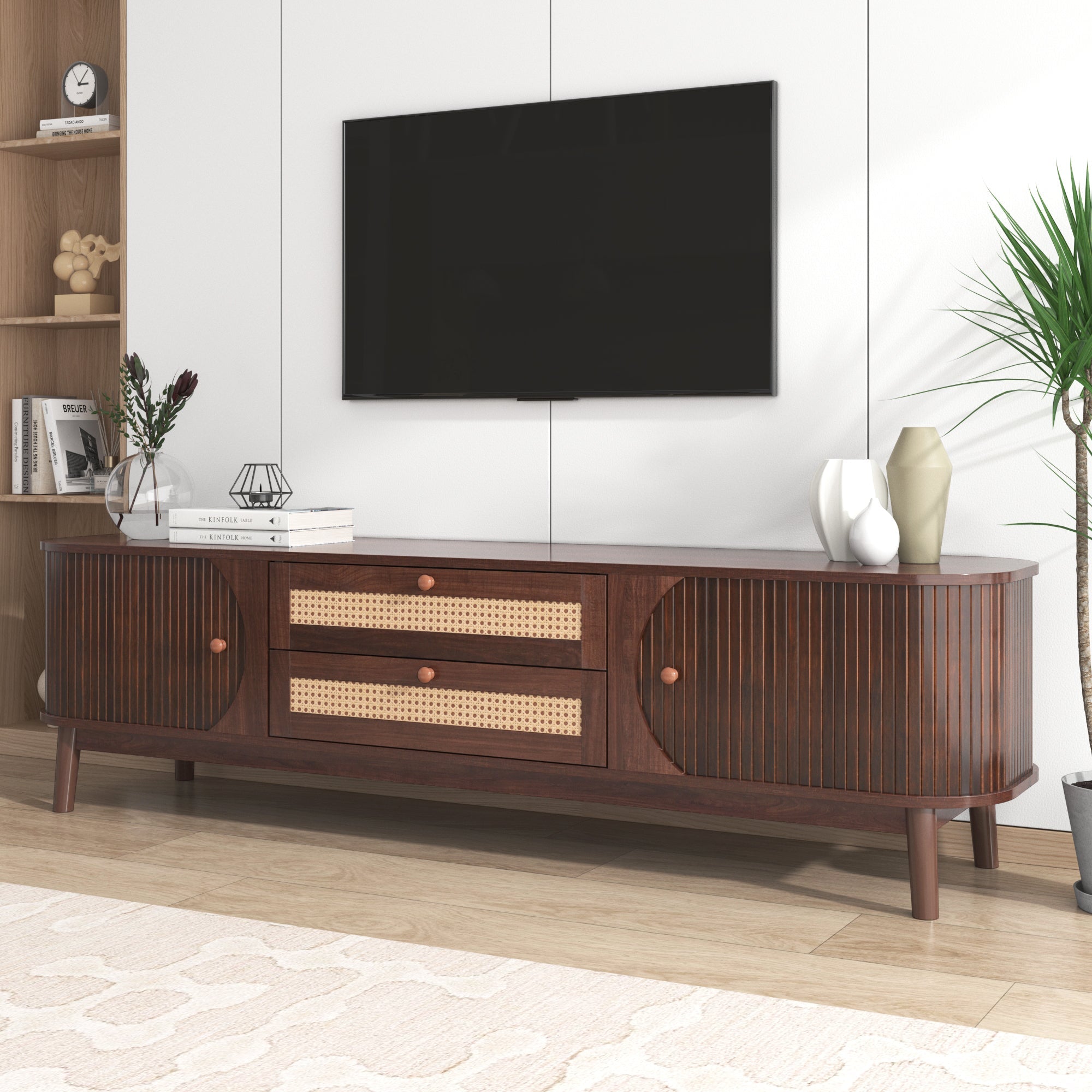 Modern Farmhouse Rattan TV Stand — for TVs Up to 75" (Natural Wood)