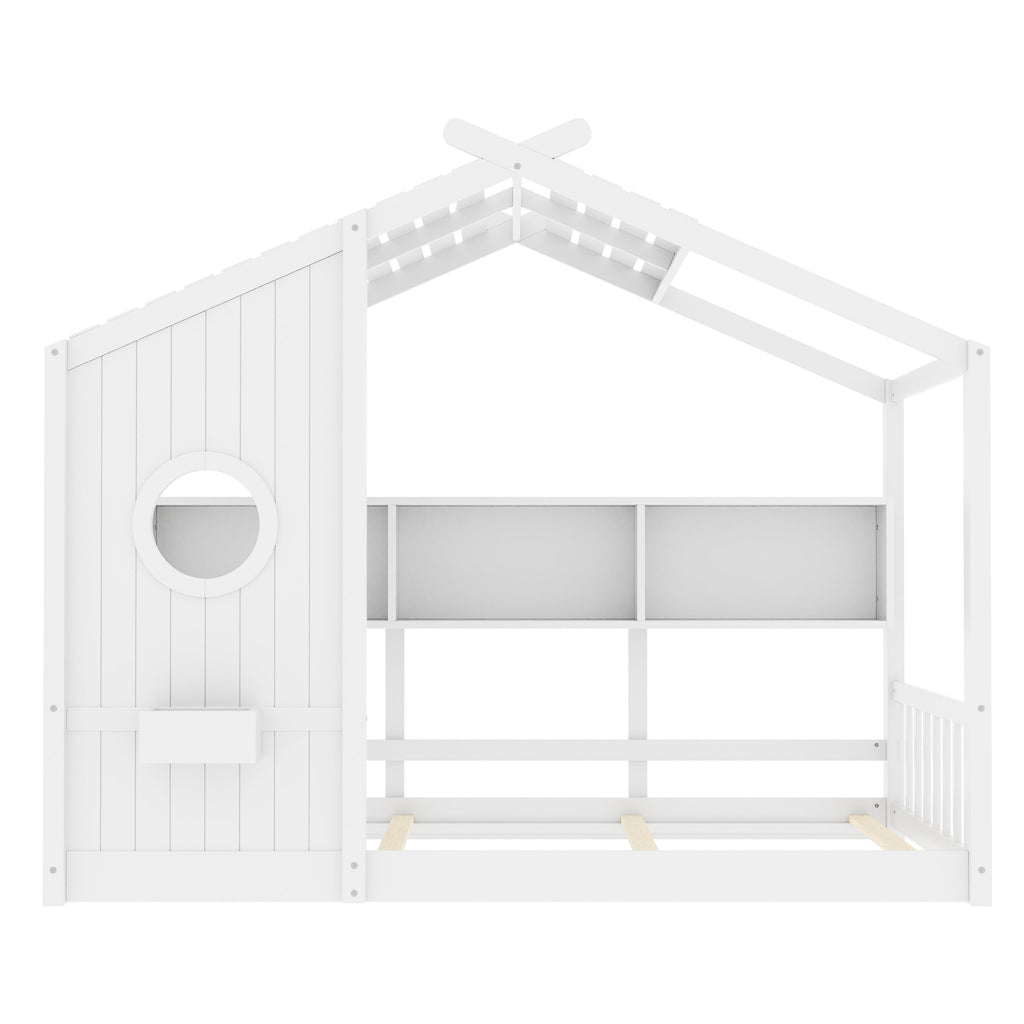 Twin Size Floor House Bed for Toddler, Kids Montessori Bed with Storage Shelf, Playhouse Bed with Roof Design, Gray