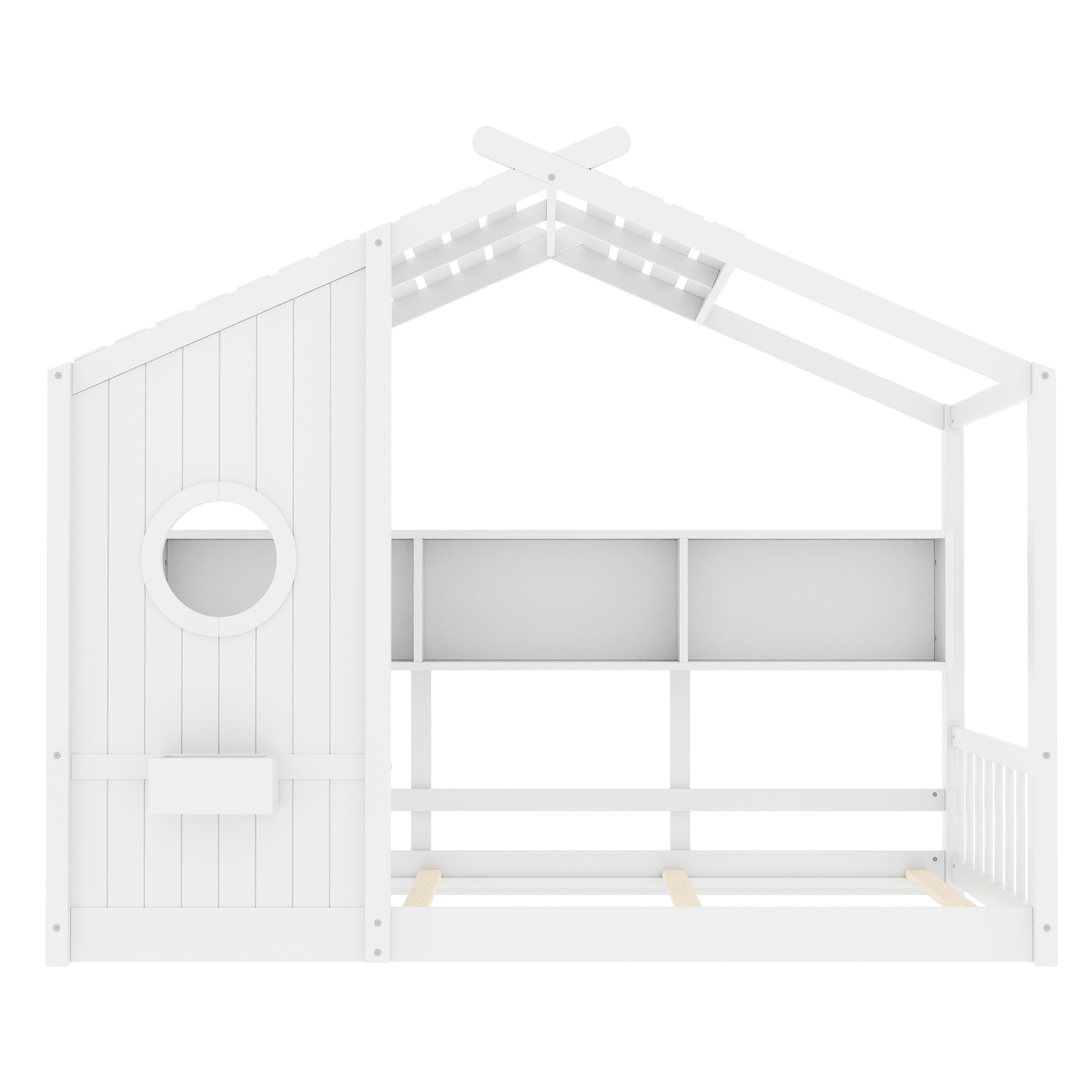 Twin Size Floor House Bed for Toddler, Kids Montessori Bed with Storage Shelf, Playhouse Bed with Roof Design, Gray