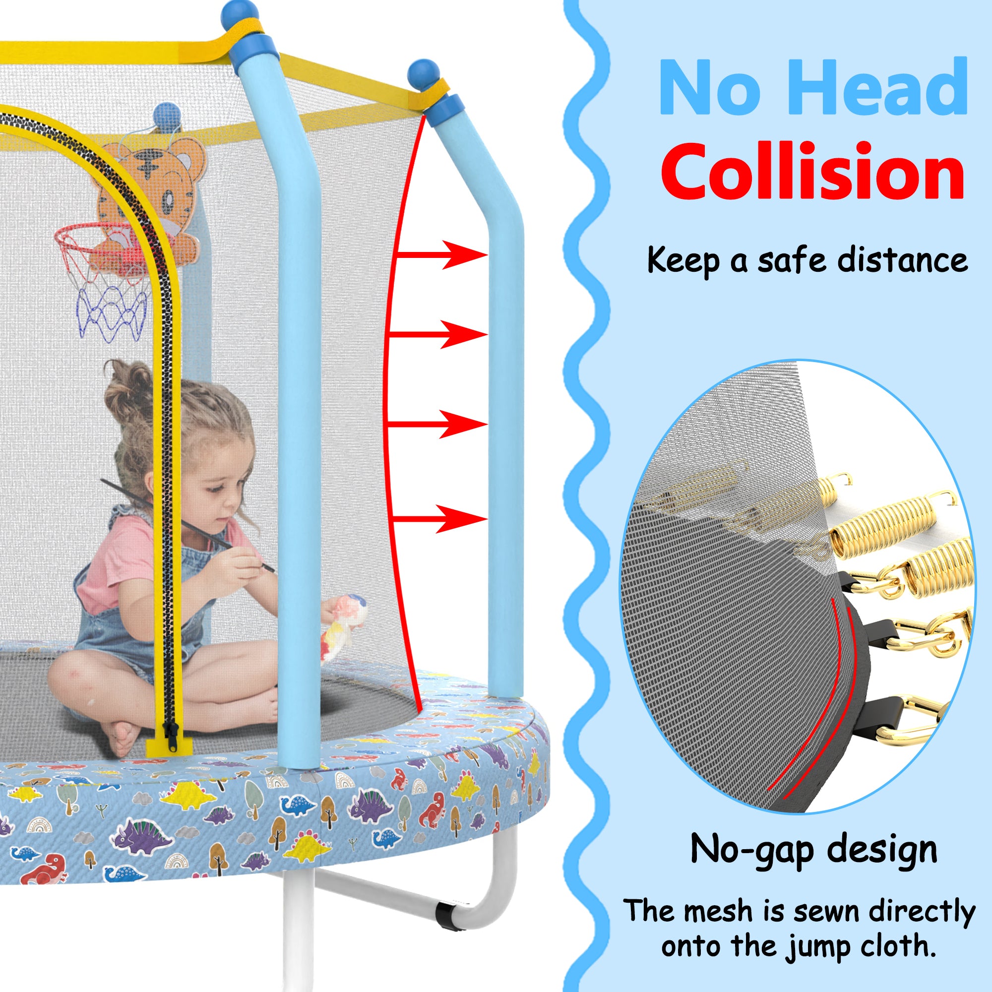 Printed blue toddler trampoline foam-padded bumper detail
