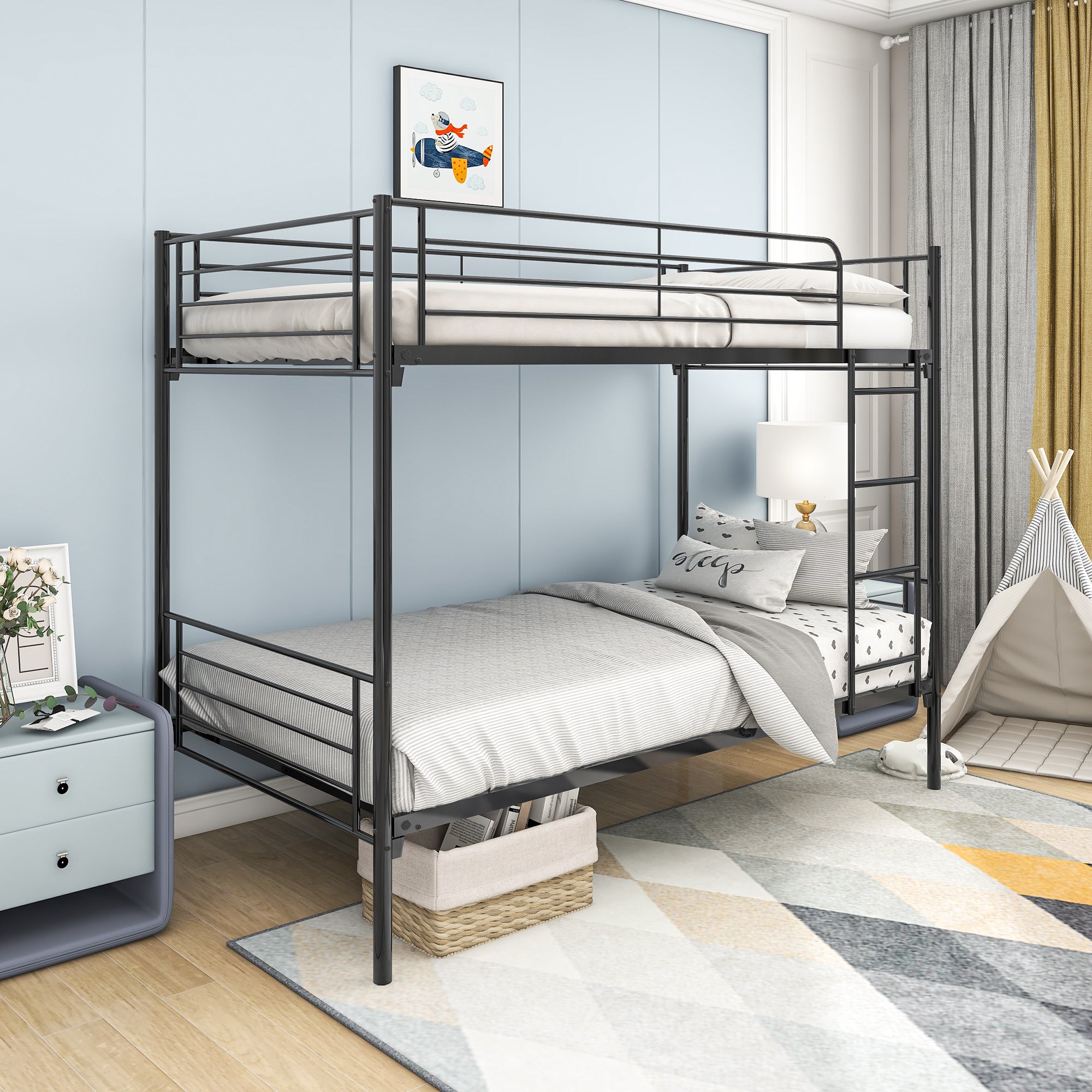 Black metal bunk bed with vintage headboard and footboard