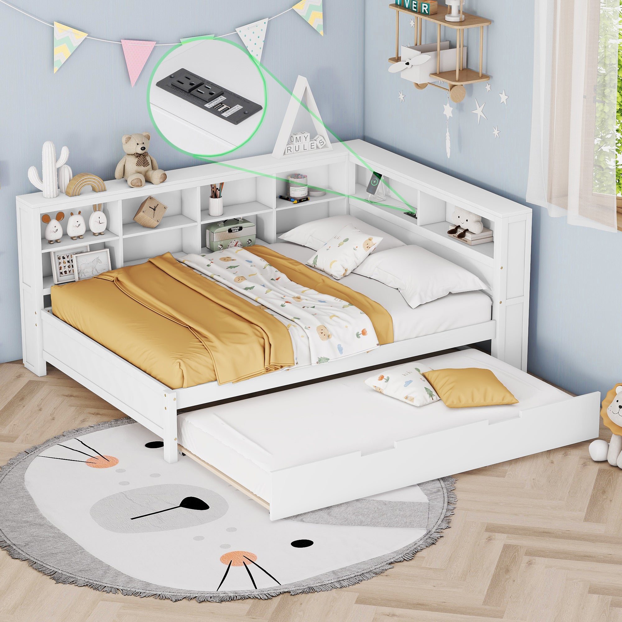 Wooden Full Size DayBed with Twin Size Trundle, DayBed with Storage Shelf and USB Charging Ports,White(old SKU: HL000075AAK )