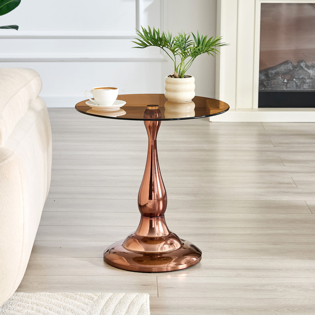 Rose gold mirror-finish metal vase-shaped base side table detail