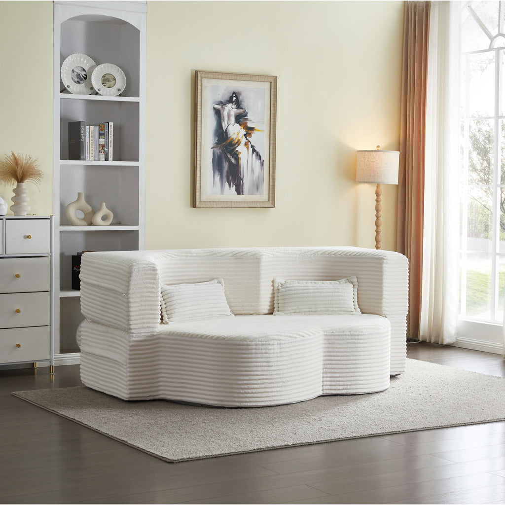 Modern Floor Sofa with 2 Pillows, Convertible Plush Corduroy Foam-Filled Sleeper Sofa Bed,15 ' Full Size Folding Mattress for Living Room, Guest Bed, no assembly required, Light Grey