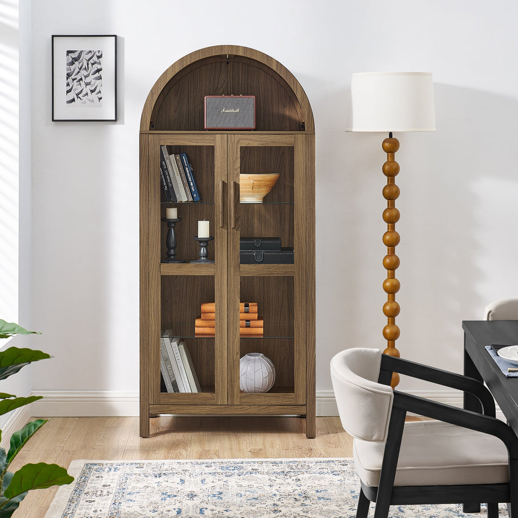 A high arched storage cabinet with a lamp, a modern retro-style wooden storage cabinet with adjustable glass partitions, suitable for use as a multi-functional cabinet in kitchens-Black