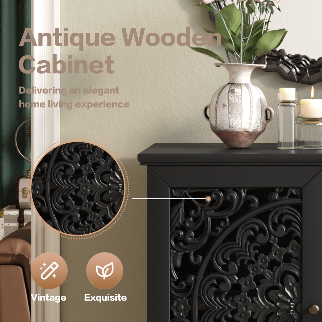 Vintage Hollow-Carved Accent Cabinet, 2-Door Display Storage Sideboard with Symmetrical Floral Design, Adjustable Shelf and Solid Wood Legs for Living Room Entryway(Antique Green)