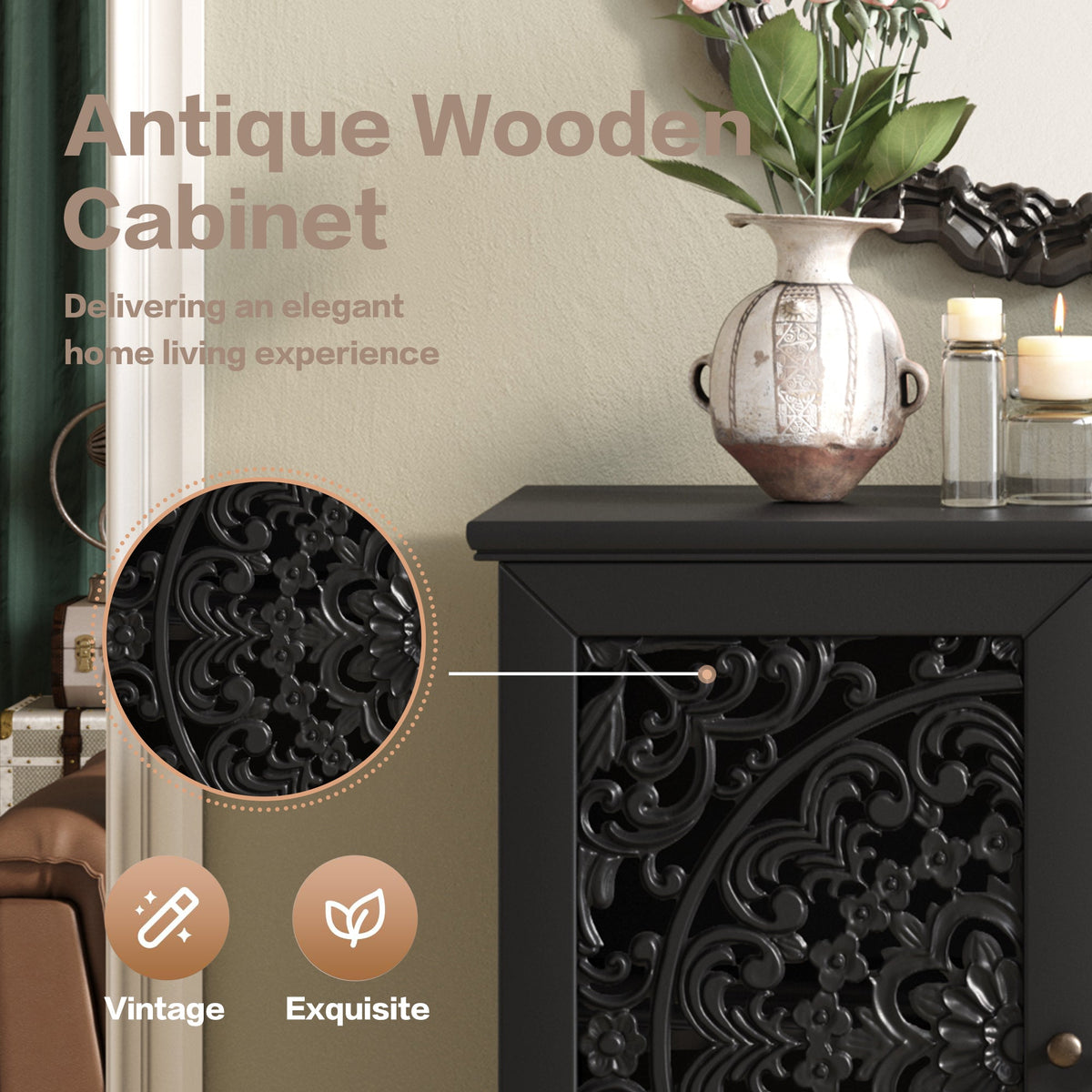 Vintage Hollow-Carved Accent Cabinet, 2-Door Display Storage Sideboard with Symmetrical Floral Design, Adjustable Shelf and Solid Wood Legs for Living Room Entryway(Antique Green)