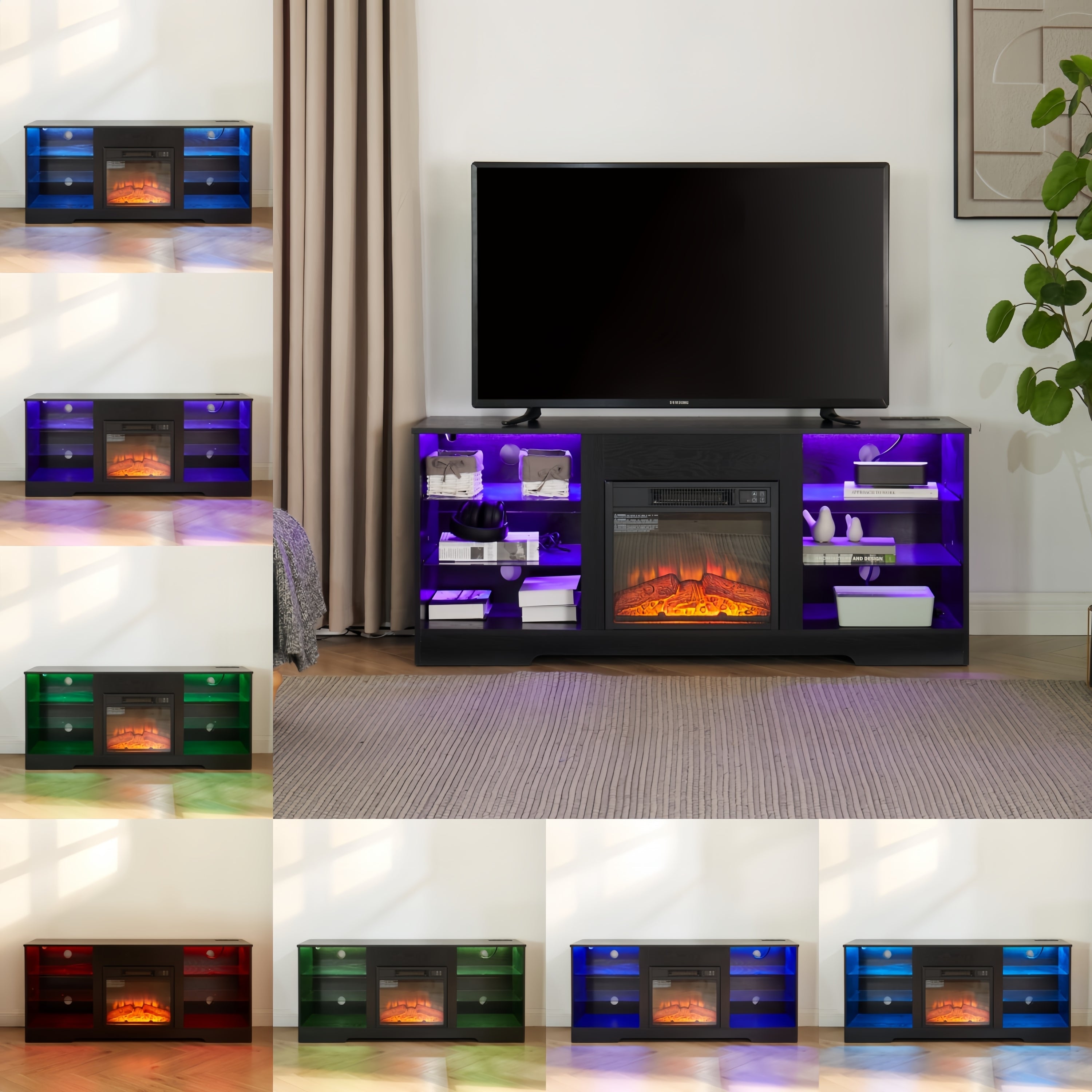 TV Stand with Electric Fireplace — Glass Shelves & USB Outlets for TVs Up to 62"