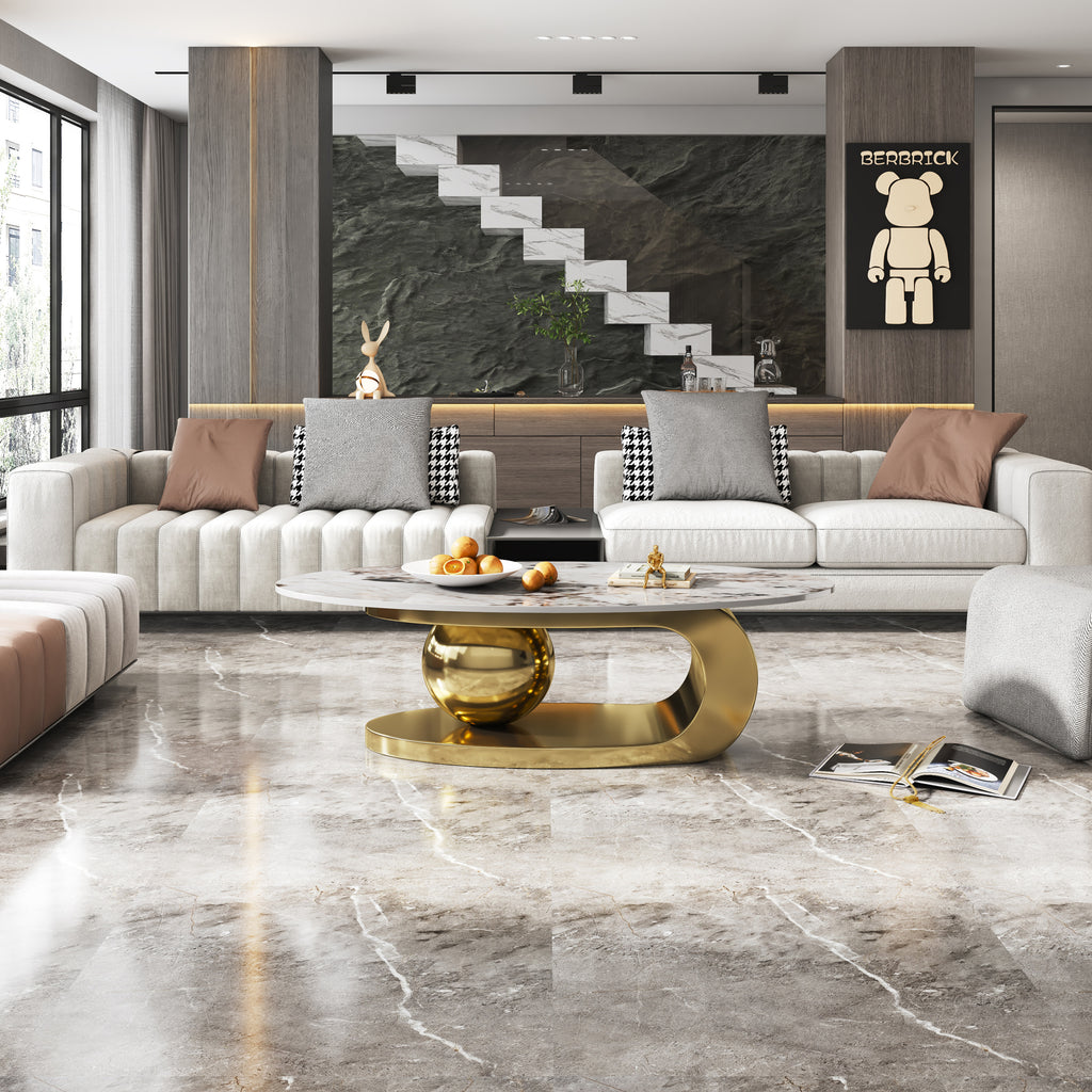 Gold faux marble coffee table unique veining pattern top surface detail
