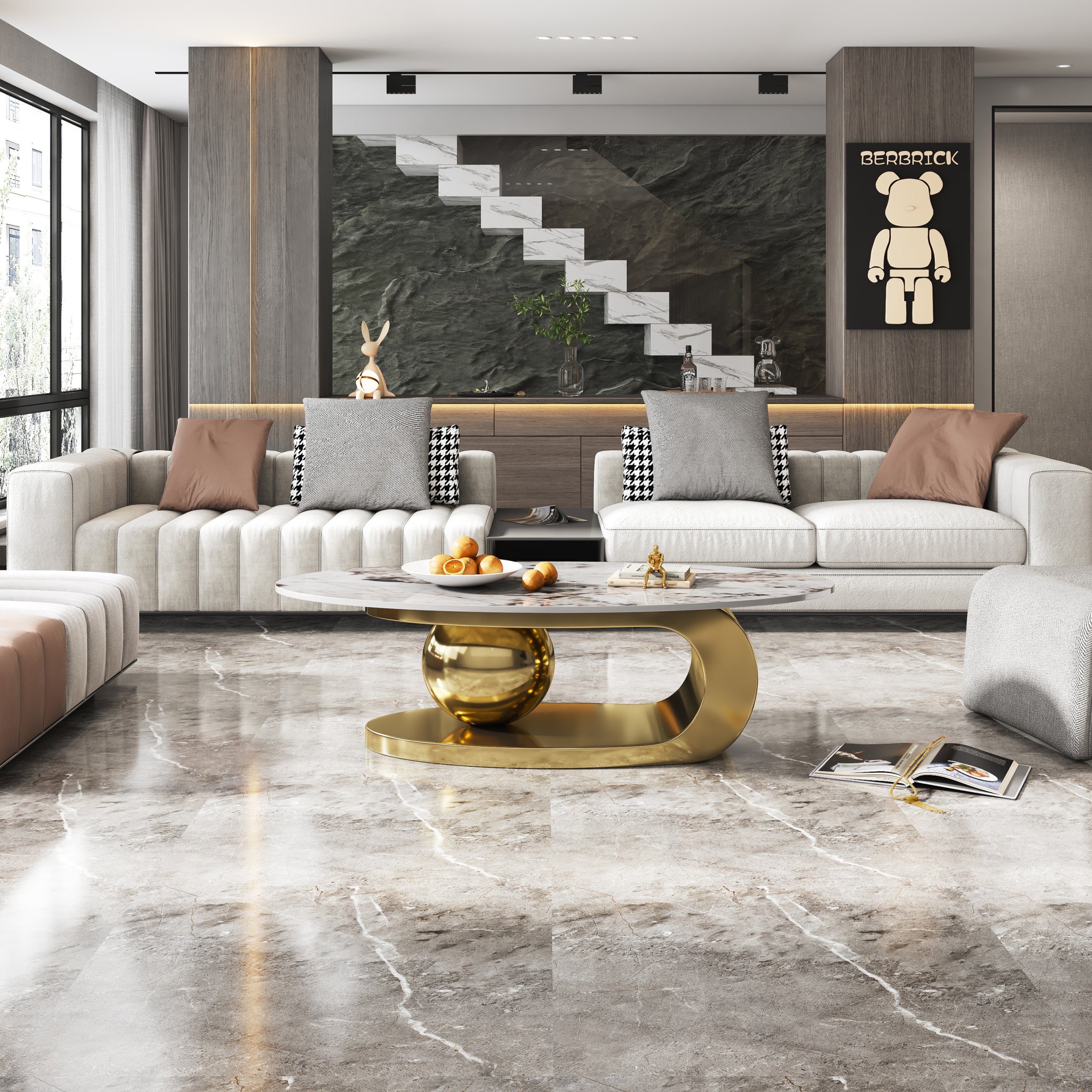 Gold faux marble coffee table unique veining pattern top surface detail