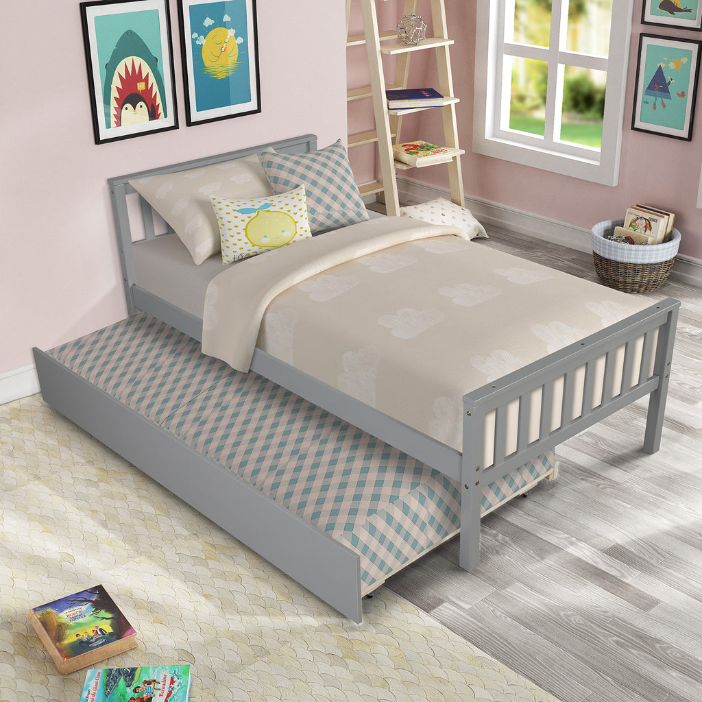Gray twin bed with trundle platform frame — front view