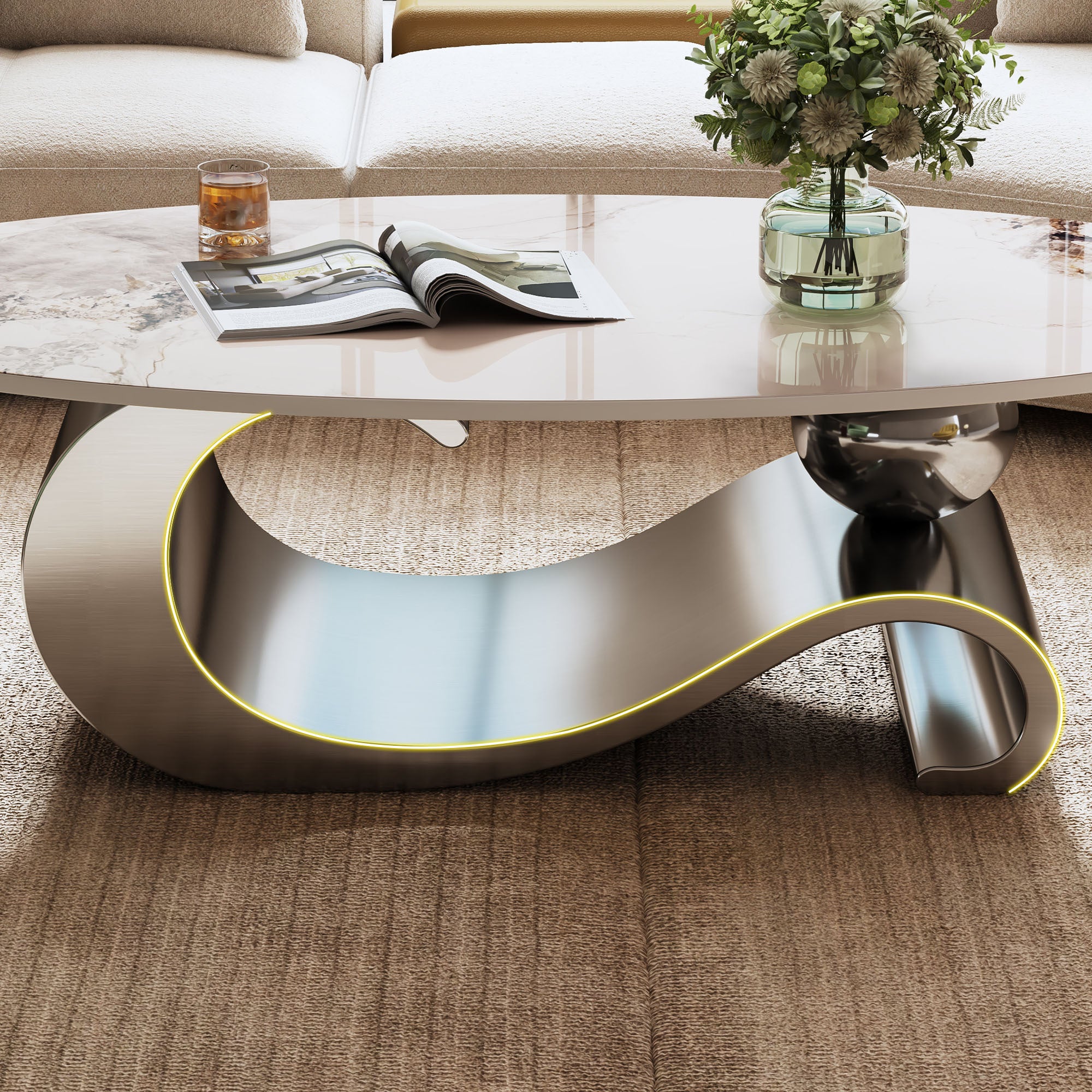 Grey marble coffee table contemporary living room setting