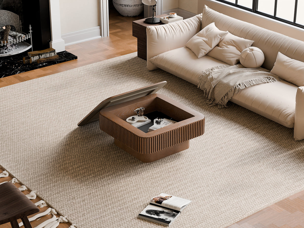31.5'' Square Coffee Table with Storage Solid Wood Veneered Modern Coffee Table Accent Tea Table for Living Room, Bedroom, Apartment or Office, Natural Wood