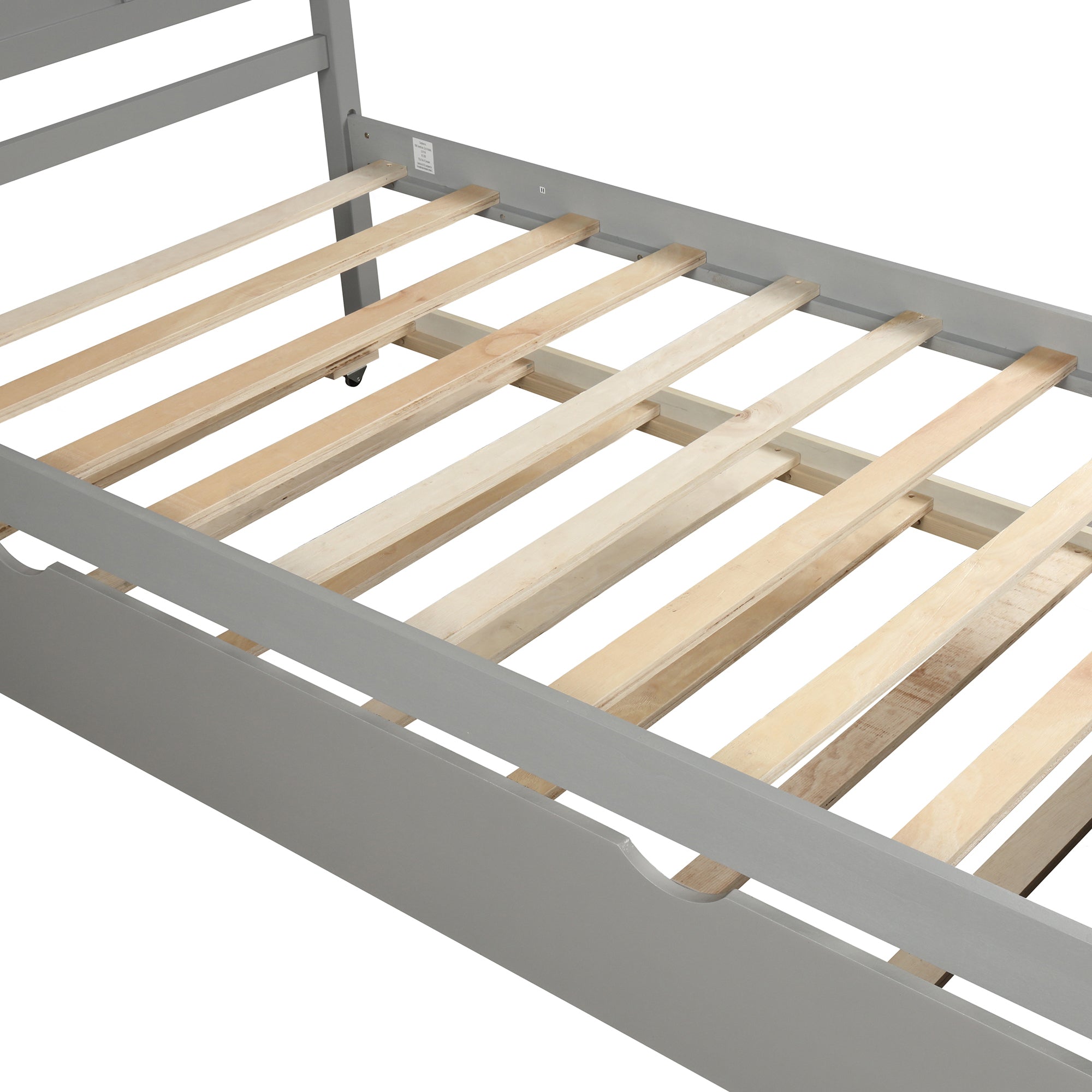 Gray twin platform bed in kids bedroom setting