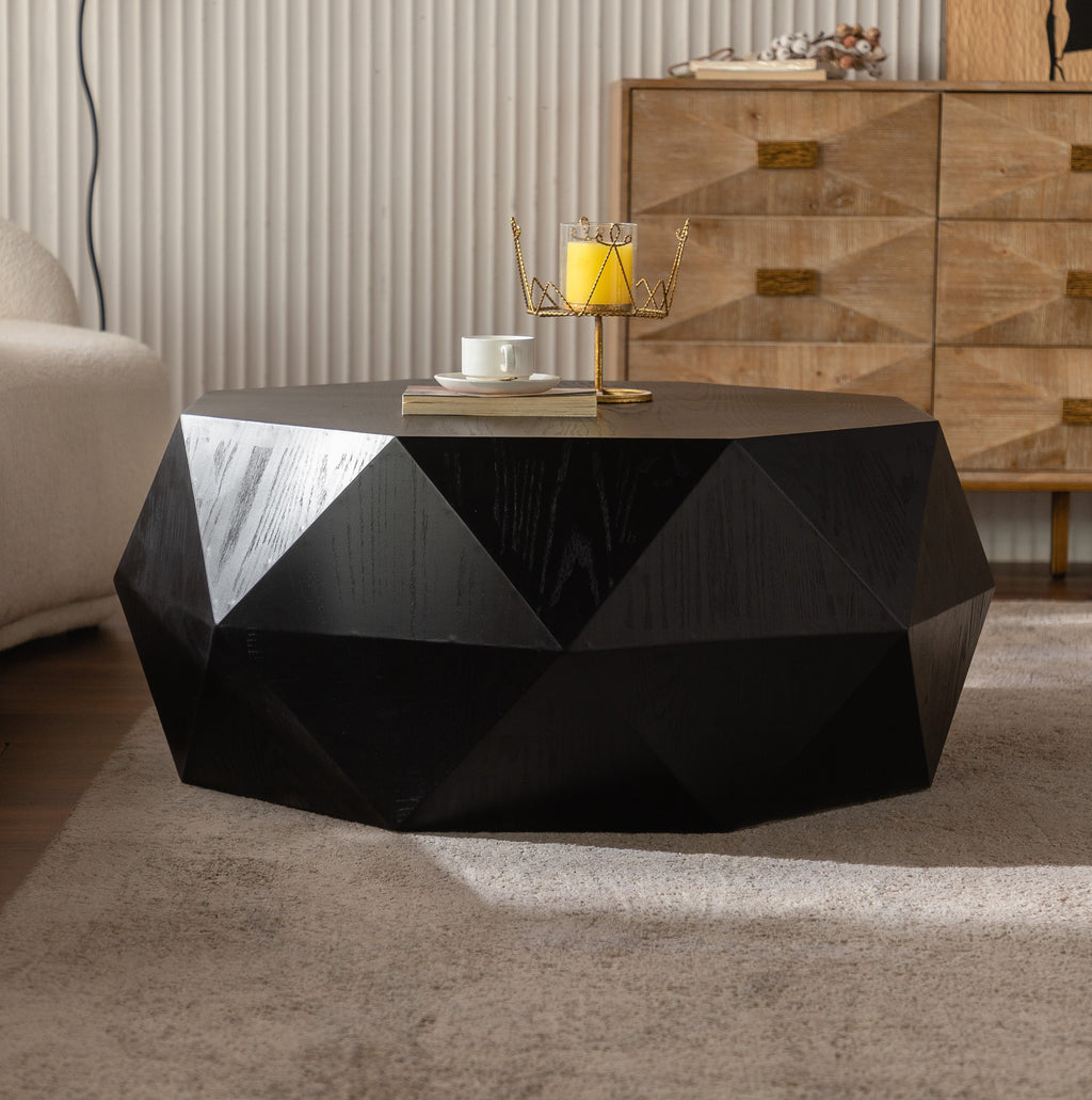 Black retro center table solid wood accents full view