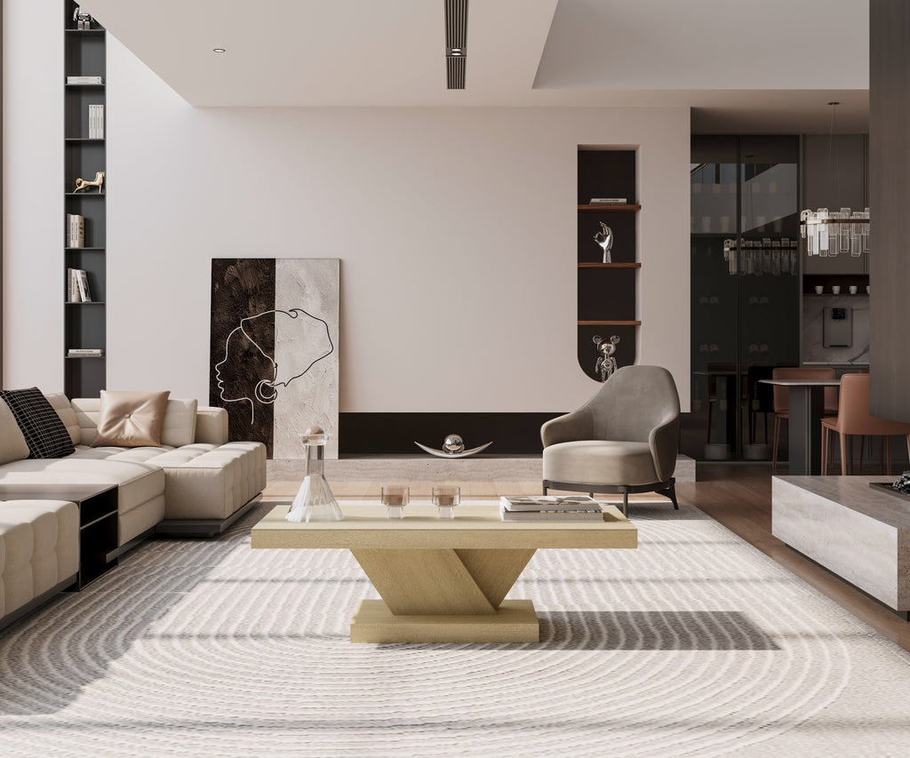 Rectangular coffee table X-shape legs side profile