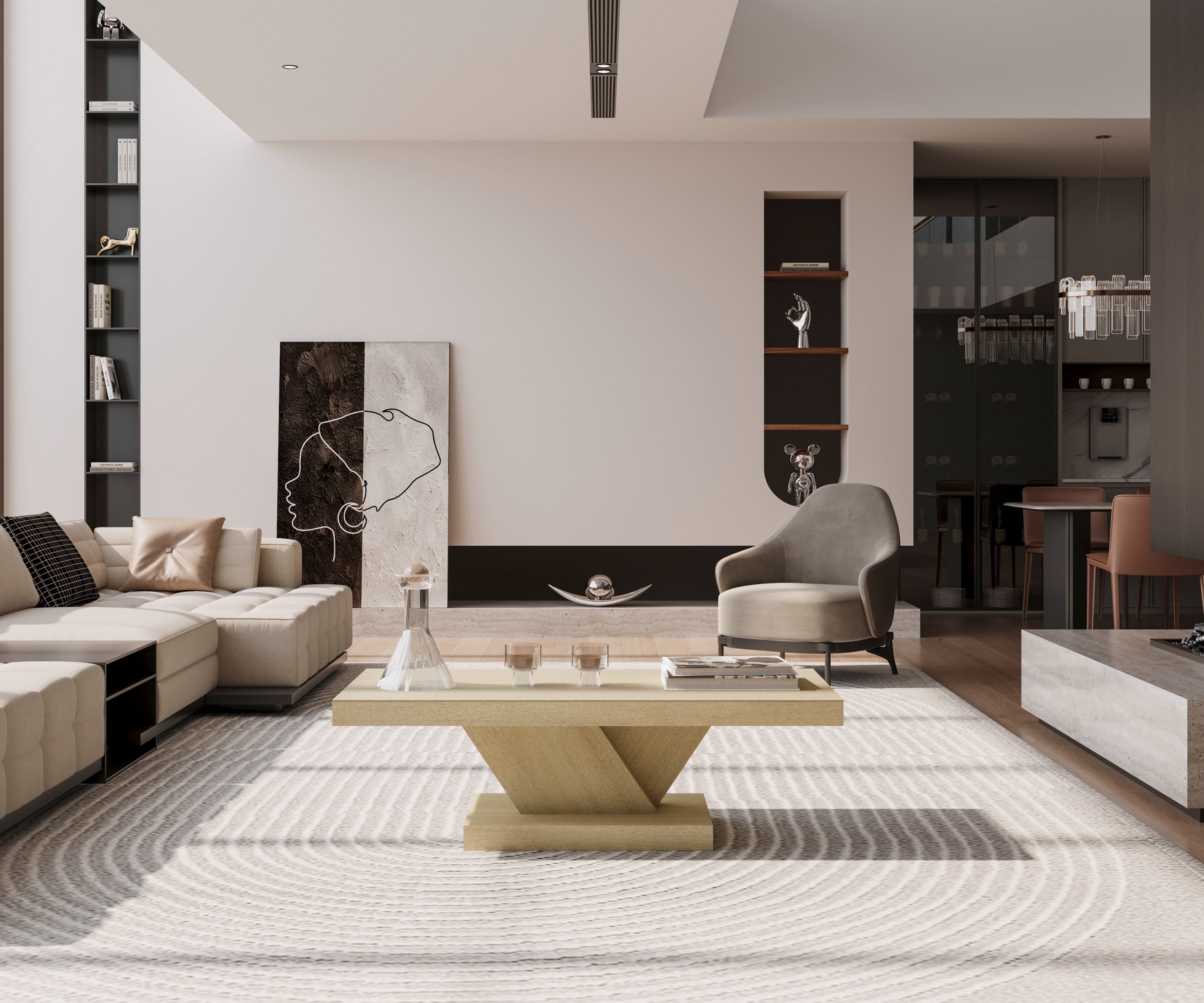Rectangular coffee table X-shape legs side profile