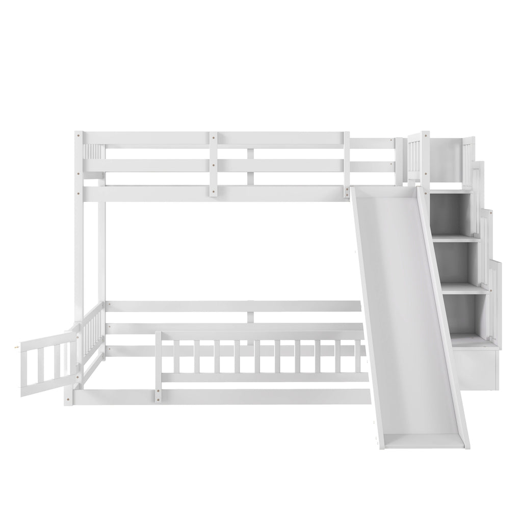 Twin Over Full Bunk Bed with Slide, Storage Staircase, Pine Solid Wooden Bunk Bed with Safety Guardrails ,Grey (Old Sku W504S00184)