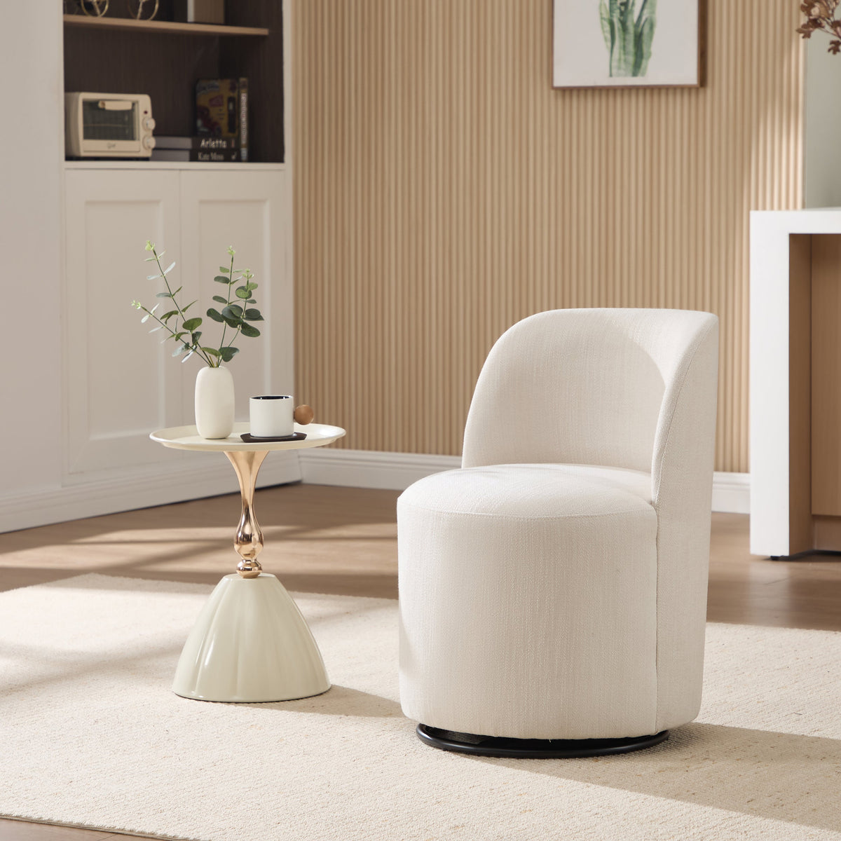 Set Of 1 Upholstered Kitchen & Dining Room Barrel Chair, Mid Century Modern Round Linen Dining Chair, 360 Degree Swivel Comfy Armless Accent Makeup Vanity Side Chair for Bedroom Living Room