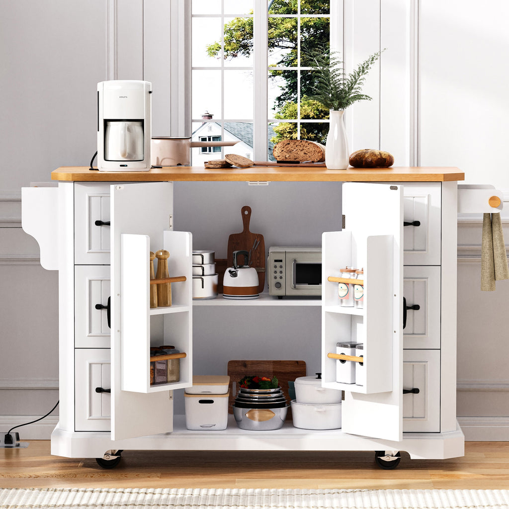 K&K 56 inch Kitchen Island with Rubber Wood Veneer Drop Leaf, Power Outlet, 4 Door Shelves, Embossed Vertical Stripe Rolling Kitchen Cart on 4 Wheels with 6 Deep Drawers for Kitchen, Dining Room,Black