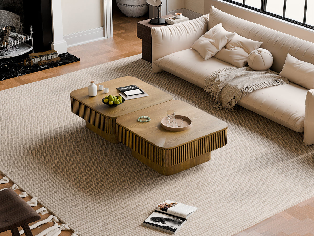 31.5'' Square Coffee Table with Storage Solid Wood Veneered Modern Coffee Table Accent Tea Table for Living Room, Bedroom, Apartment or Office, Natural Wood
