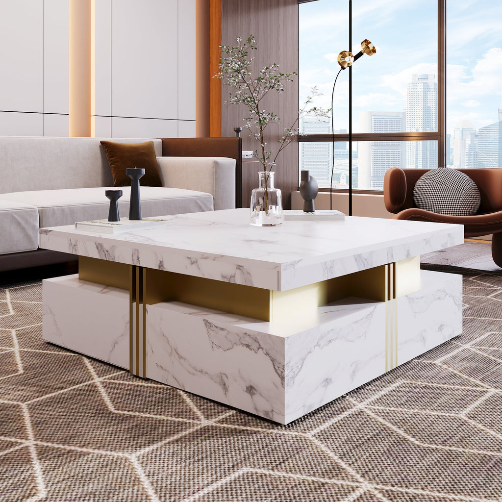 Square Storage Coffee Table — 4 Drawers & Gold Accents