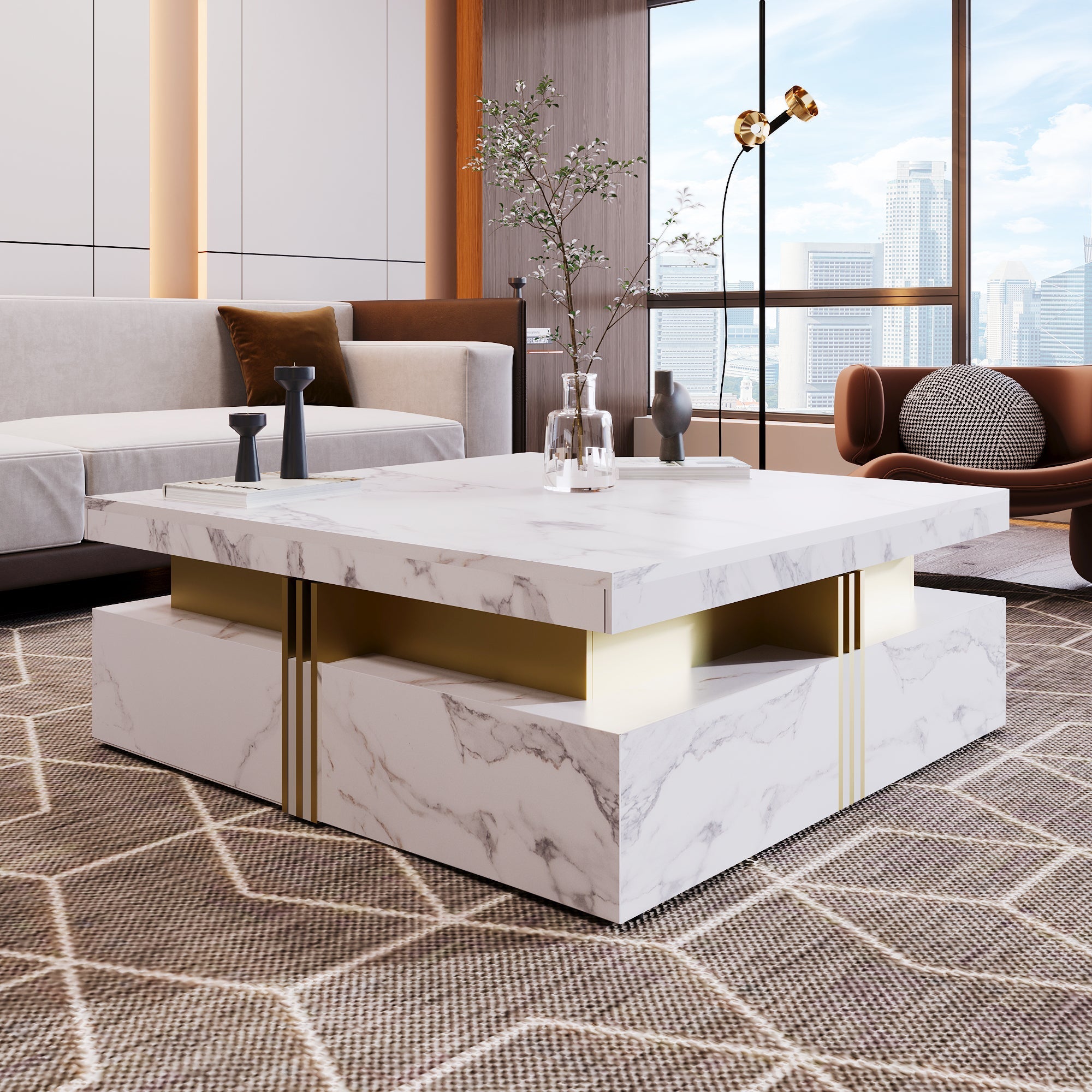 Square Storage Coffee Table — 4 Drawers & Gold Accents