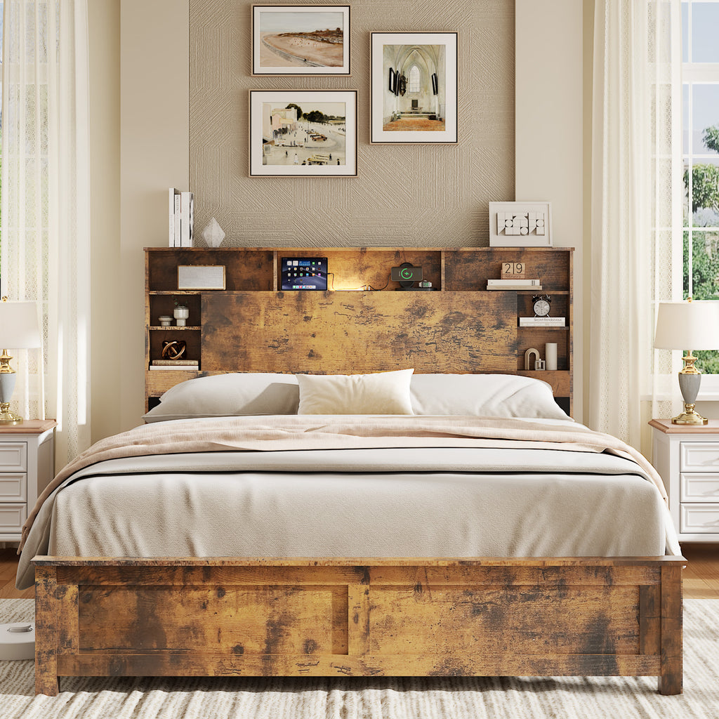 Wood Queen Bed Frame with Storage Headboard - Bed Frame QUEEN Size with Charging Station & LED Lights, Wood Bedframe Queen-Size with Bookcase, Platform Beds, No Box Spring Needed, Dark Brown