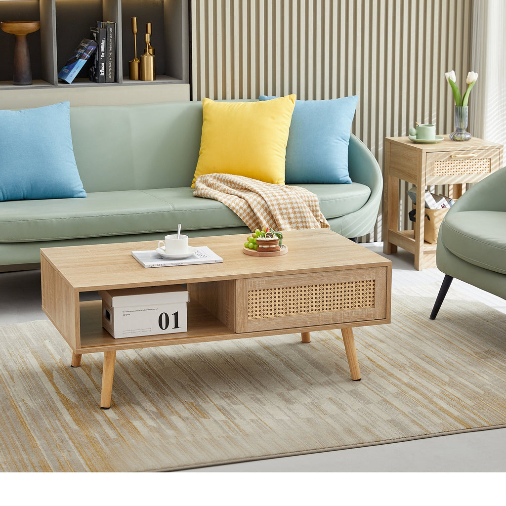 Rattan Coffee Table — Sliding Door Storage & Solid Wood Legs