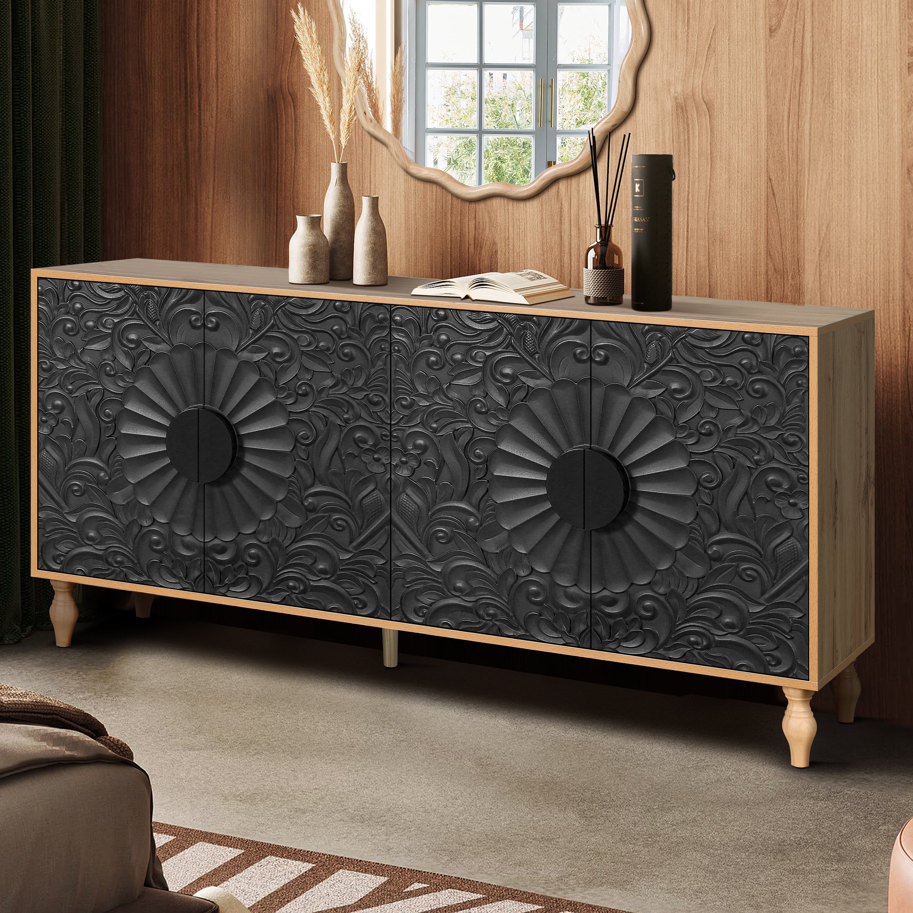 Black TV stand with wood-coloured frame detail