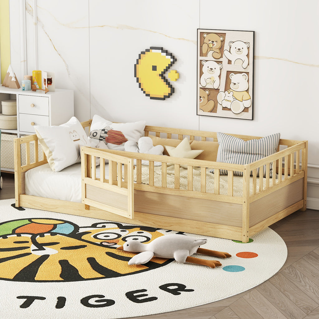 Montessori floor bed with guardrails — angle view