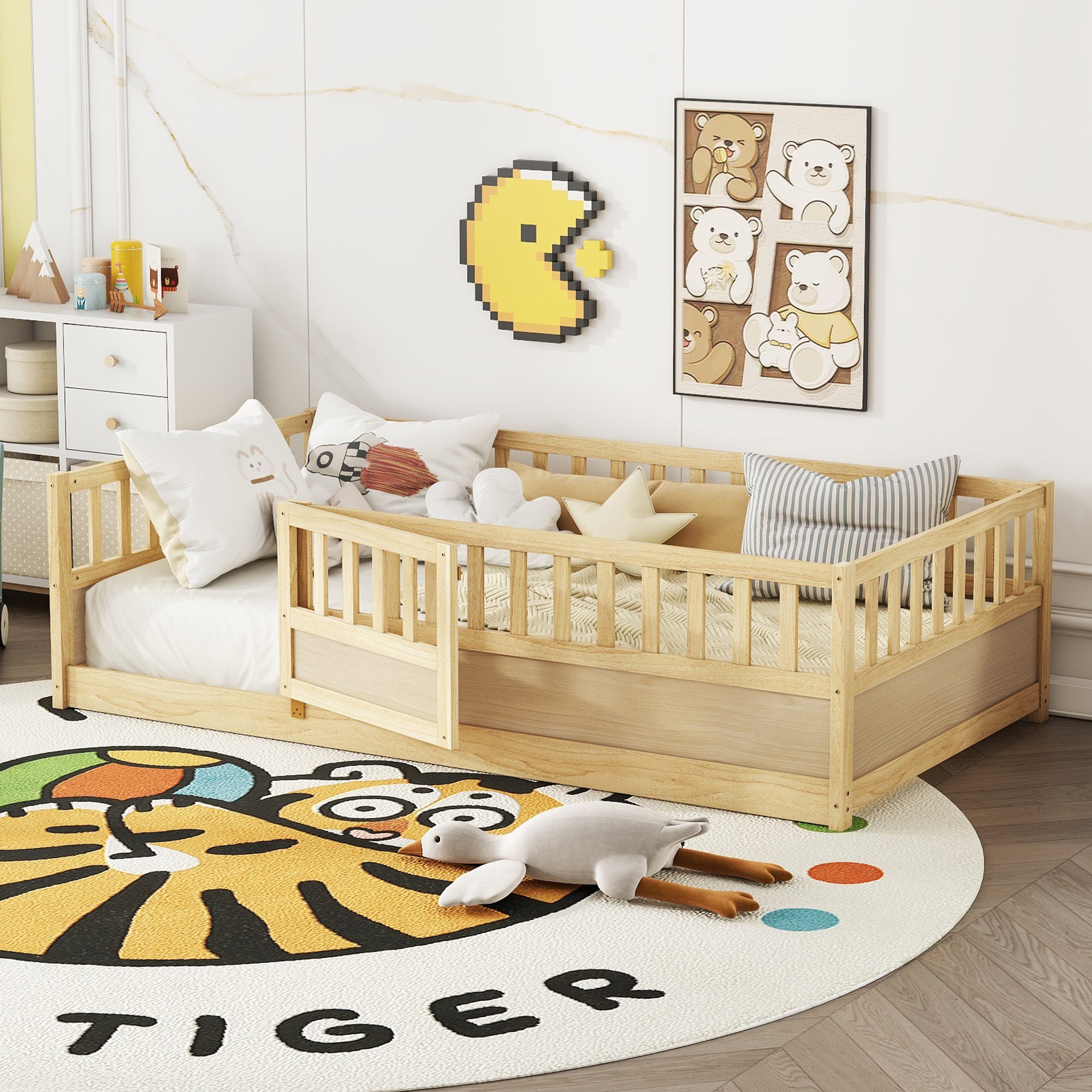 Montessori floor bed with guardrails — angle view