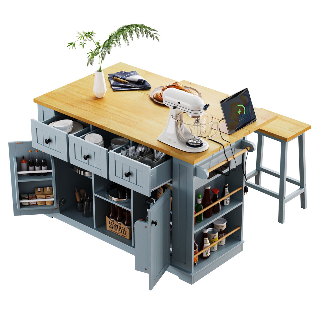 K&K 53inch Large Kitchen Island with Drop Leaf,Power Outlet,Door Internal Storage Rack,Rolling Kitchen Cart on 5 Wheels with 5 Open Side Racks for Kitchen,Black(Two Packages)(Stools not included)