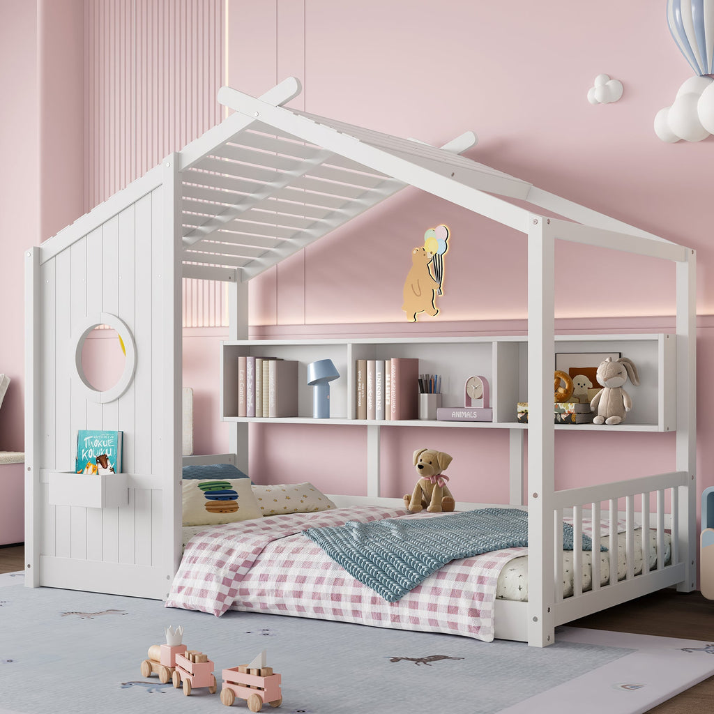 Twin Size Floor House Bed for Toddler, Kids Montessori Bed with Storage Shelf, Playhouse Bed with Roof Design, Gray