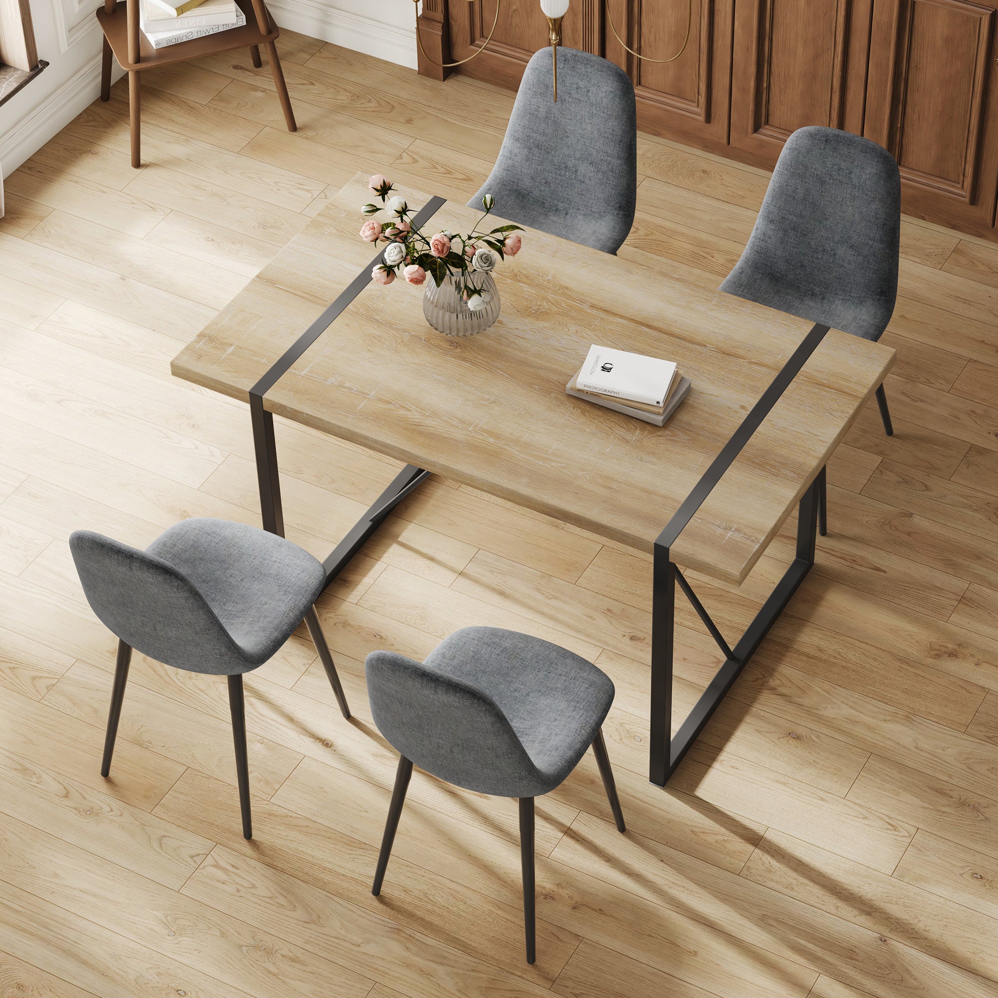 Table and chair set, upholstered side chairs in a modern medieval style, 4 dark grey dining chairs and a rustic industrial rectangular wood color MDF dining table.W1151S04210