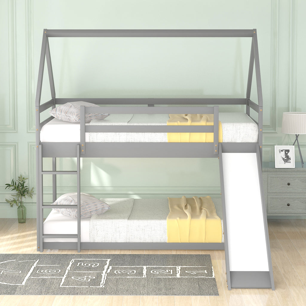 Gray house bunk bed with full-length upper guardrails