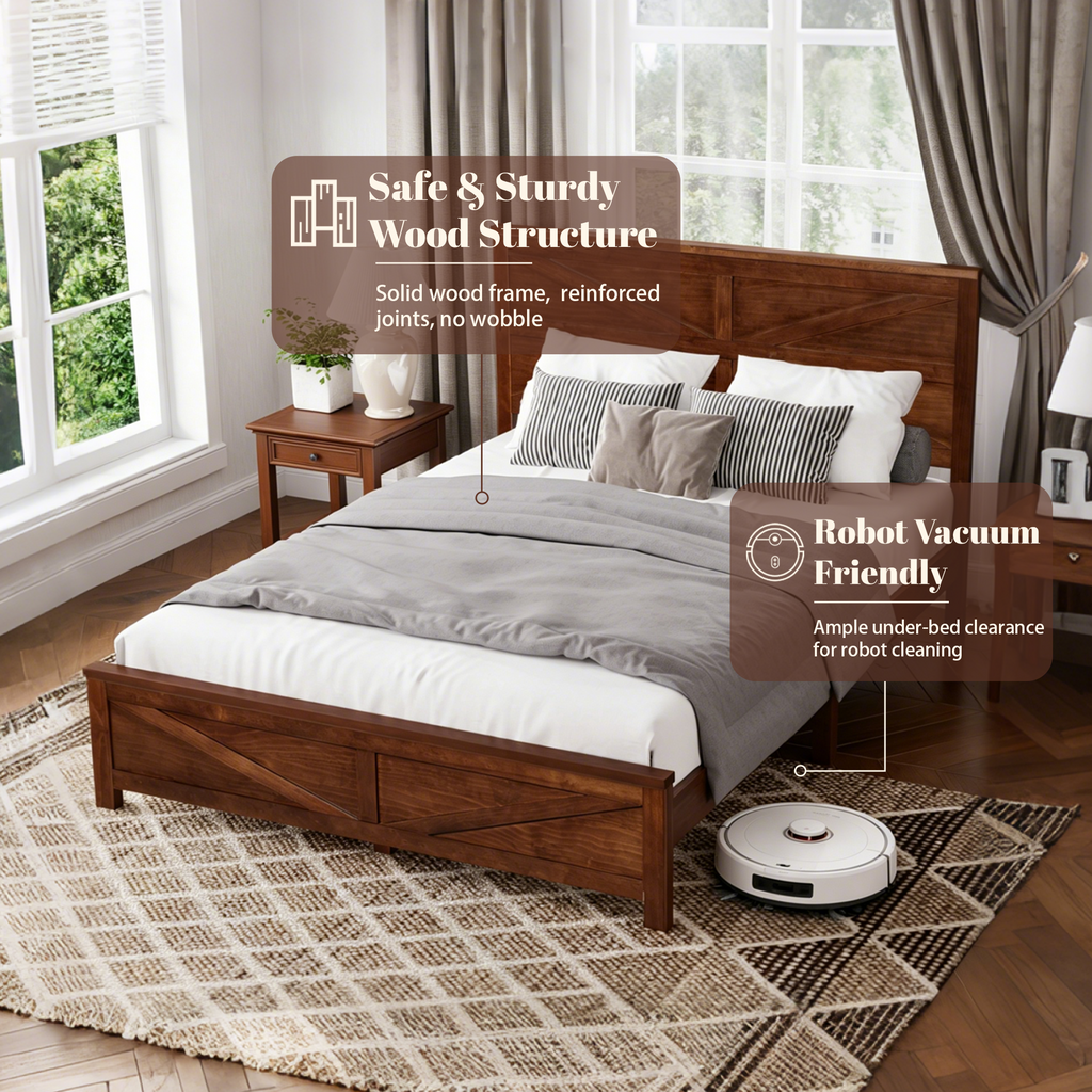 Farmhouse Style Queen Size Bed with Barn Door Designed Headboard and Footboard, Pinewood Bed with Strengthened Bed Frame ,White