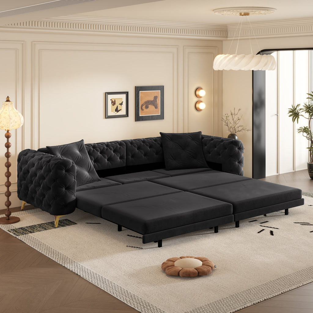 97.7' 3-in-1 Convertible Sleeper Sofa, 28.4' Deep Seat Pull Out Sofa Bed,Button Tufted Modern Sofa, 4-Seater Couch with Movable Ottoman for Apartment, Office, Bedroom,Beige/White