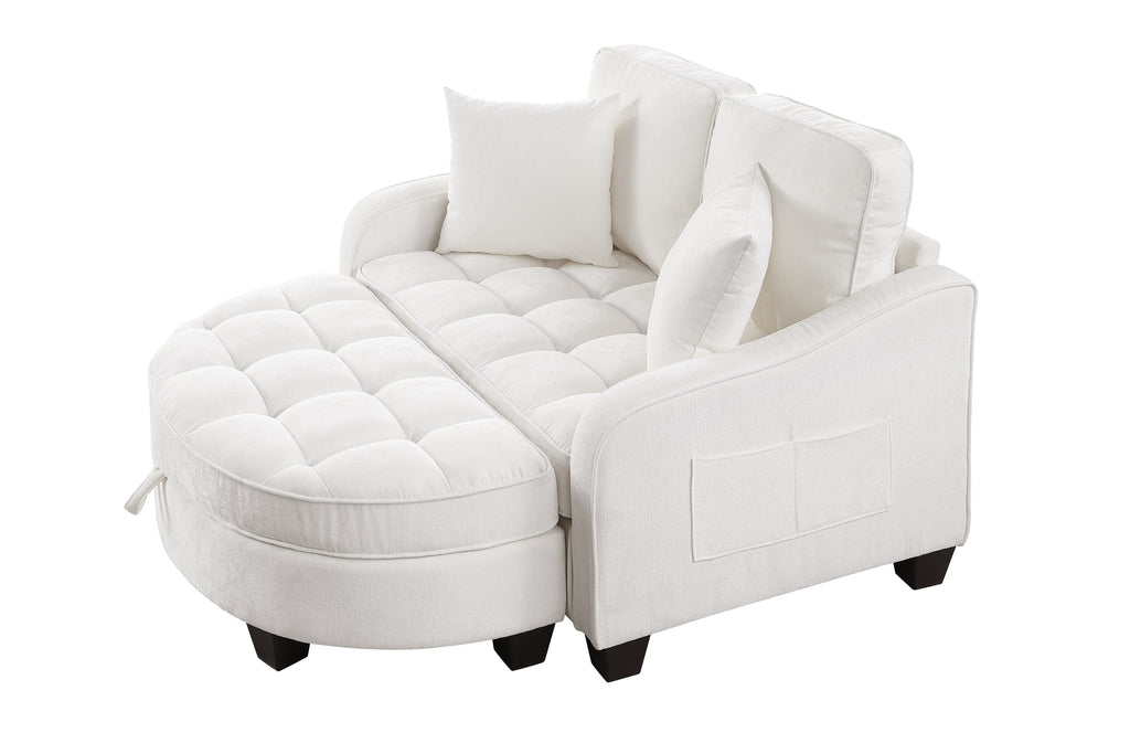 Storage footrest ottoman beside beige sofa chaise