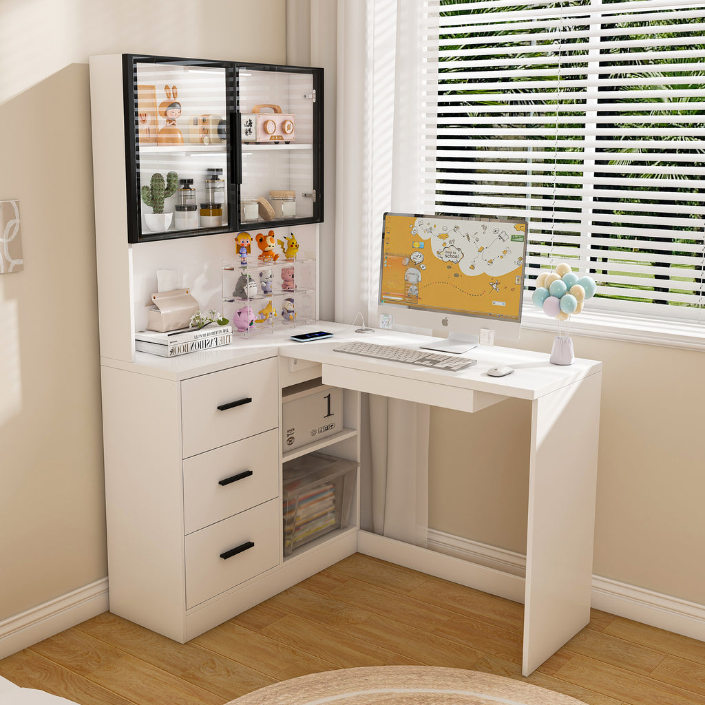 L-shaped office desk with LED-lit glass display cabinets — angle view
