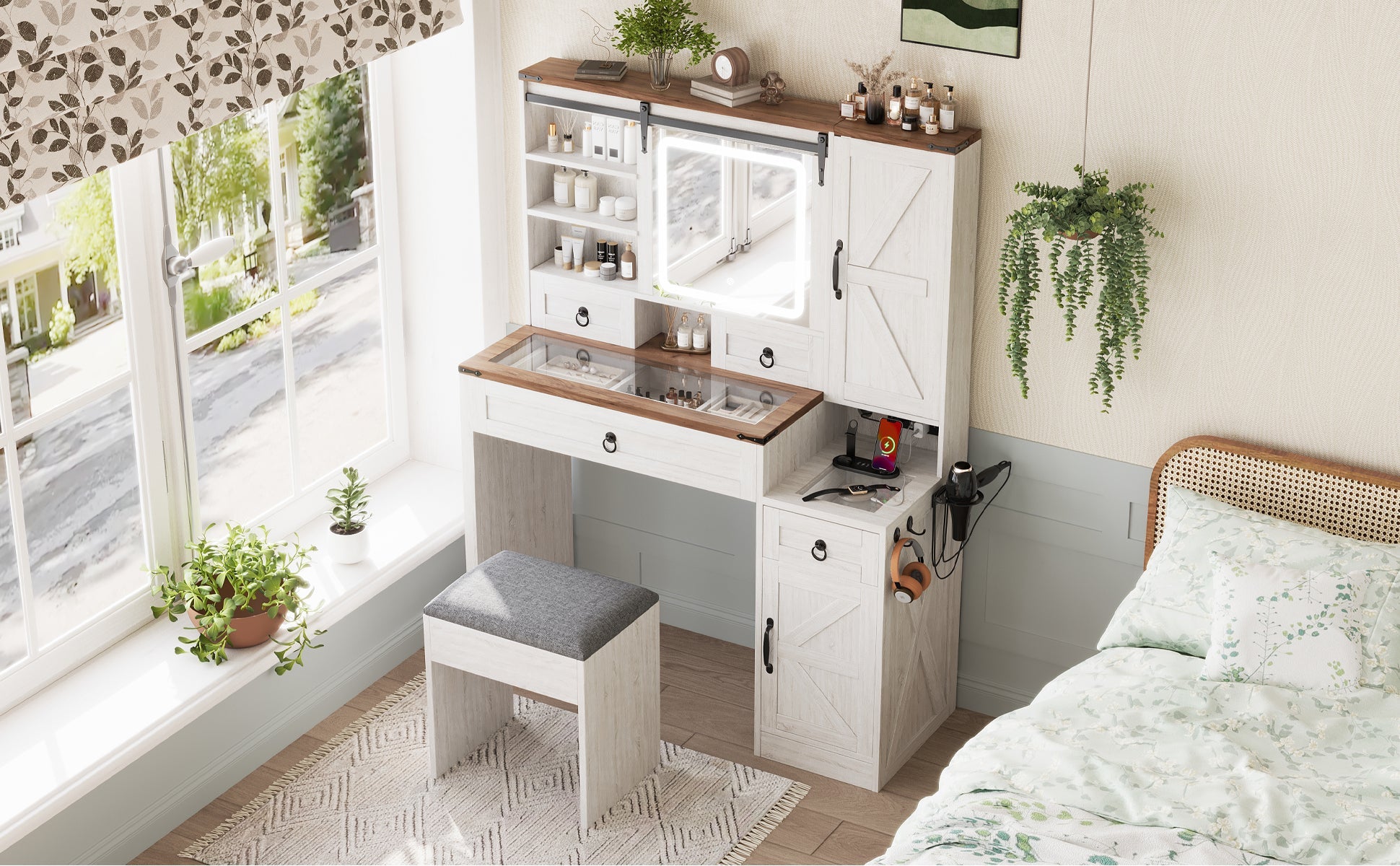 Farmhouse Vanity Desk with Sliding Mirror and Lights, Vanity Set with Glass Top and Charging Station ,Dressing Table with 4 Drawers and 2 Cabinets, Dressing Table with Stool for Bedroom, Gray