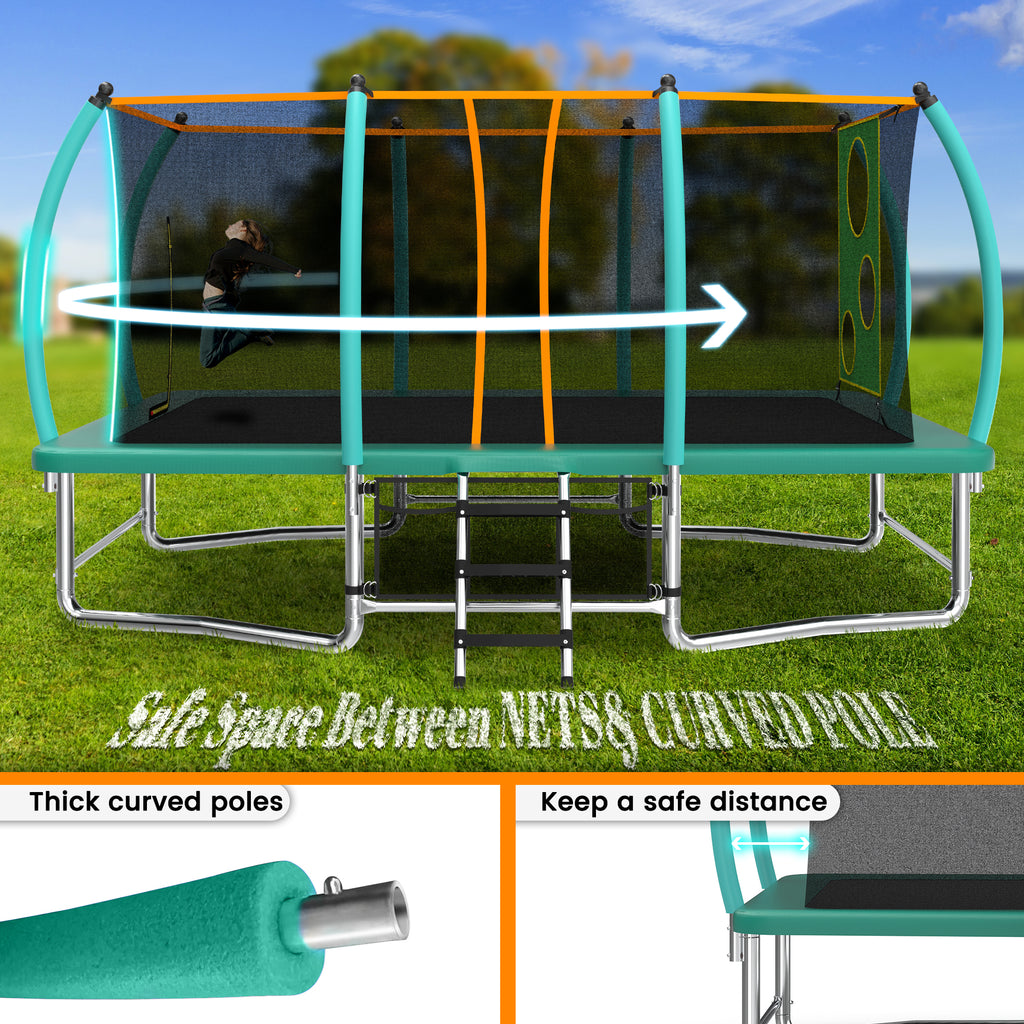 Green kids outdoor rectangular trampoline with ladder full view