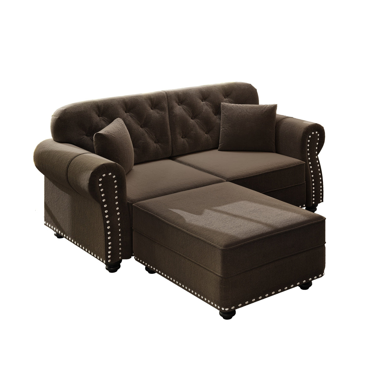 63'Upholstered Velvet Sofa with Nailhead Trim and Rolled Armrests,Mid-Century Modern Chesterfield Sofa with Button Tufted,Includes 2 Pillows,Beige/White