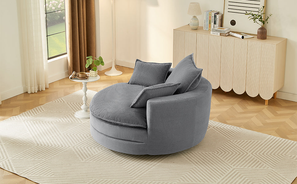 Blue Corduroy 360° Swivel Barrel Accent Chair with Dual-Layer Cushion & 3 Pillows