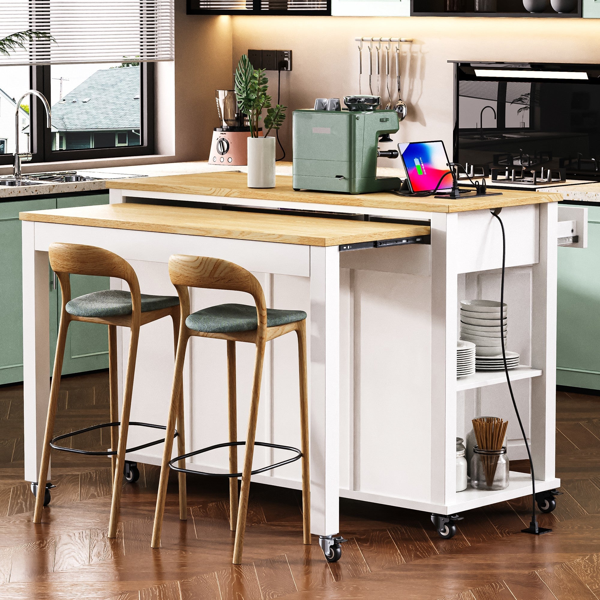 K&K 47 inch Kitchen Island with Extendable Dining Table, Rubber Wood Veneer Kitchen Table with Internal Storage Rack, Power Outlet, Kitchen island with Storage 2 Drawers 2 Cabinet, Black