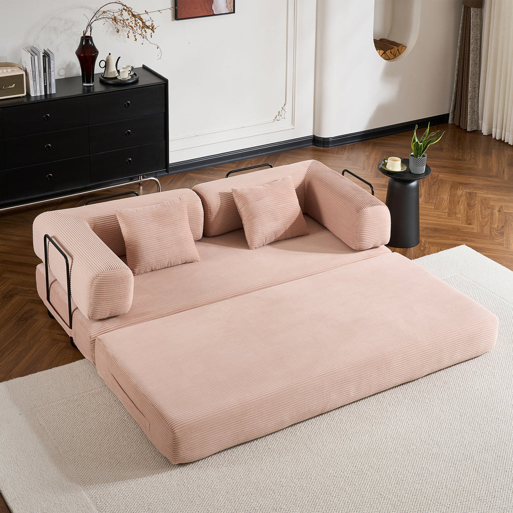 Convertible Sleeper Sofa Bed with Cylindrical Pillow, Corduroy Folding Mattress Couch with Fixed-Shape Frame, Floor Sofa Lounge Couch for Living Room Bedroom Black