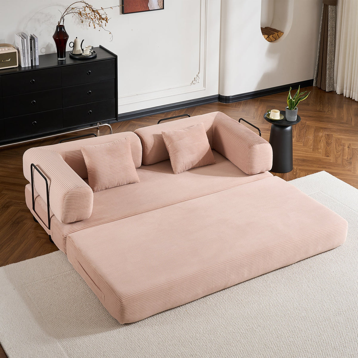 Convertible Sleeper Sofa Bed with Cylindrical Pillow, Corduroy Folding Mattress Couch with Fixed-Shape Frame, Floor Sofa Lounge Couch for Living Room Bedroom Black