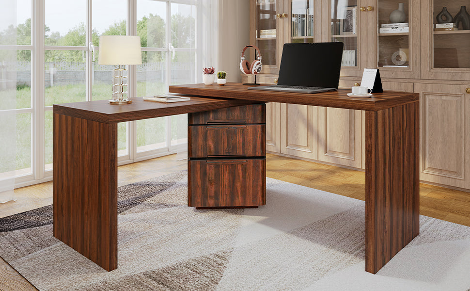 Walnut corner desk in modern home office room setting