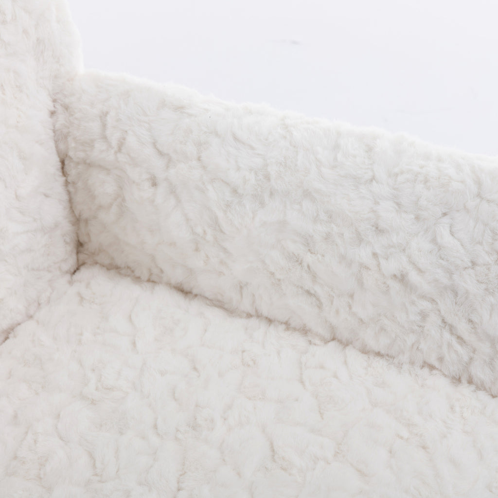 Beige vanity chair with faux fur upholstery front view